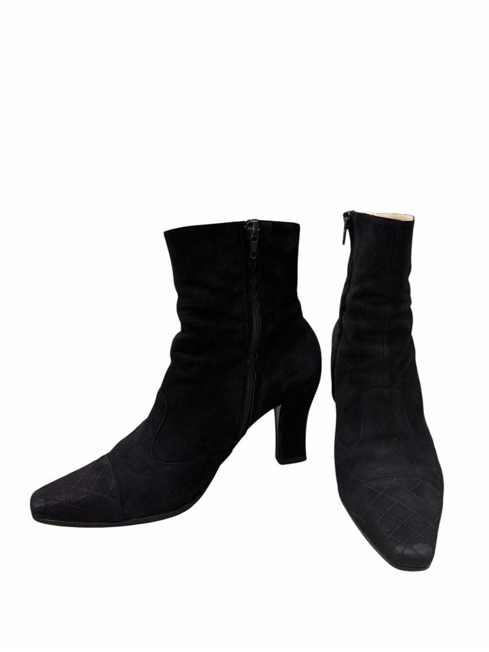 Authentic CHANEL Black Suede Quilted Cap Toe Ankle Boots Booties EU 38